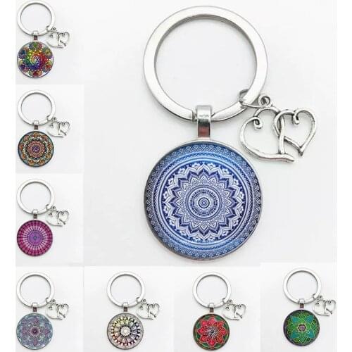 Hot Classic Retro Indian Yoga Mandala Flower Keychain Buddhist Chakra Pattern Key Ring Key Ring Chain Glass Cabochon Henna Jewel