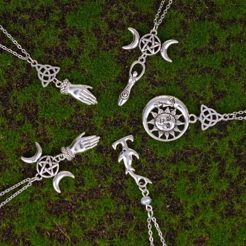 Silver Luna Wicca Pendant Necklace For Women Celtics Goddess Necklace Sun Moon Witch Punk Jewelry
