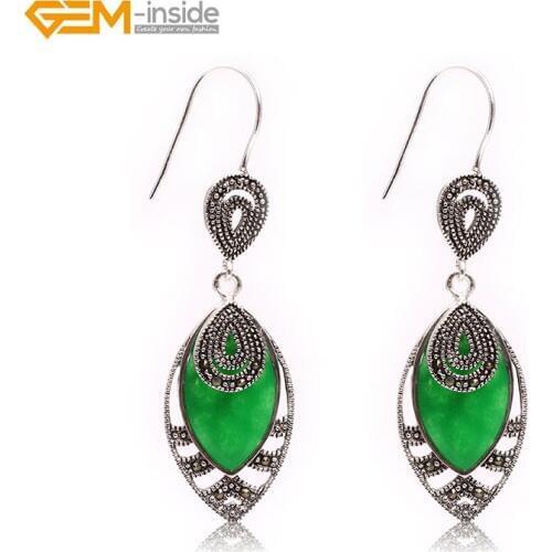 Gem-inside 18x32mm Rhombic Semi-precious Stone Dangle Earrings Tibetan Silver Hooks Earrings For Women Trinket Gift Jewellery