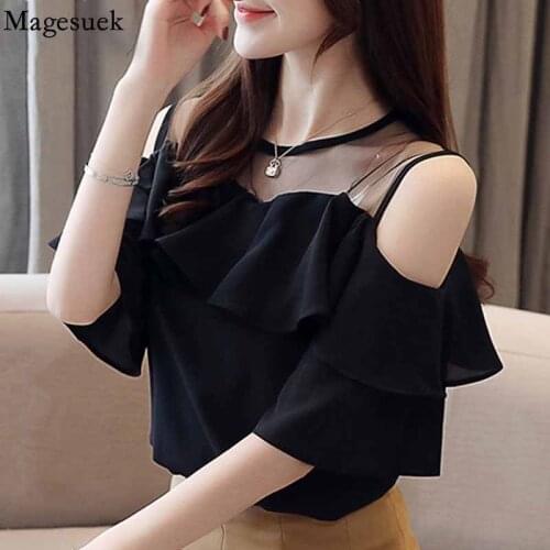 Ruffle Stitching Chiffon Blouse Women Summer Short Sleeve Off Shoulder Women Tops 2021 Elegant White Blouse Shirt Top 4206 50