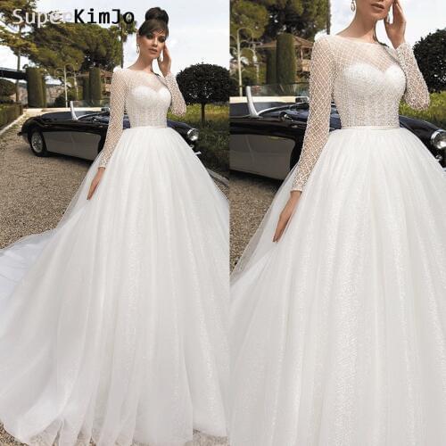 SuperKimJo Simple Wedding Dresses 2020 Long Sleeve O Neck Elegant White Beaded Bridal Dress Wedding Gowns Vestido De Novia