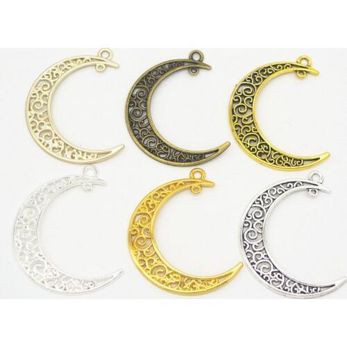 High Quality 20 Pieces/Lot 41mm*30mm Metal Delicate Hollow Out Moon Charm Pendant For Jewelry Making (6 colors)