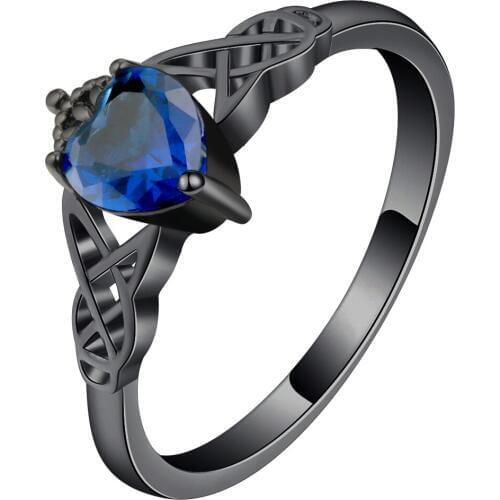 Bright Royal Blue Zircon Crown Heart Rings Jewelry Balck Gun Color Unique Wedding Bands Black Finger Rings For Women Accessories