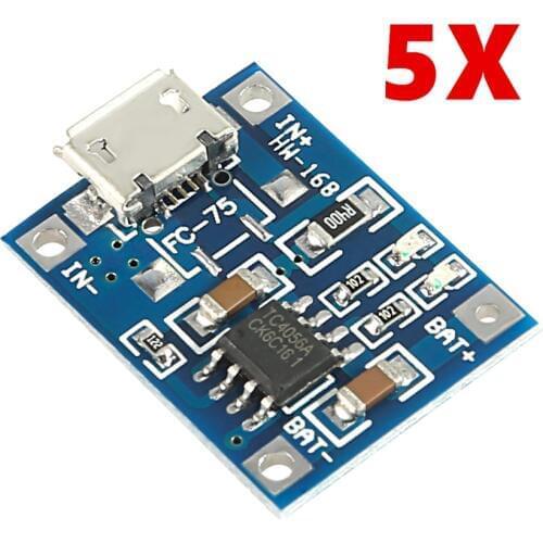 5pcs/lot TP4056 5V TENSTAR ROBOT 1A Micro USB 18650 Lithium Battery Charging Board Charger Module+Protection Dual Functions