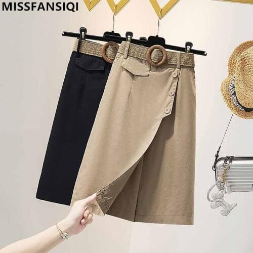 New Ladies 2021 Summer Plus Size Culotte For Women Solid Sashes Pockes Large Elastic Wais WIde Leg Pantskirt L XL 2XL 3XL 4XL