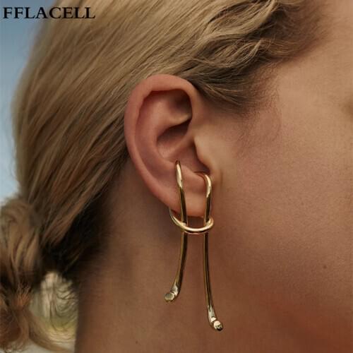 FFLACELL New Fashion Personality Exaggerated Geometric Long Ear Clips Earring NO Piercing Gold Metal For Women Girls Gift