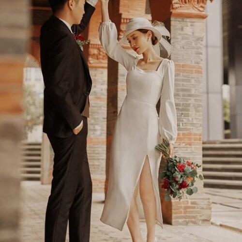 KAUNISSINA Elegant Wedding Dresses Square Collar Long Lantern Sleeve Satin Bridal Dress Simple White Wedding Gowns for Bride