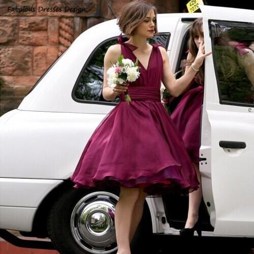 Burgundy Knee Length Bridesmaid Dresses 2021 A Line V-neck Sashes Women Wedding Dress Cheap Customized Robe De Soiree De Mariage