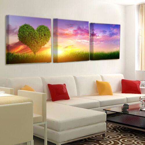 3 Canvas Art Green Heart-Shaped Trees Sunset Painting Decorative Home Wall Art Print Canvas Q118