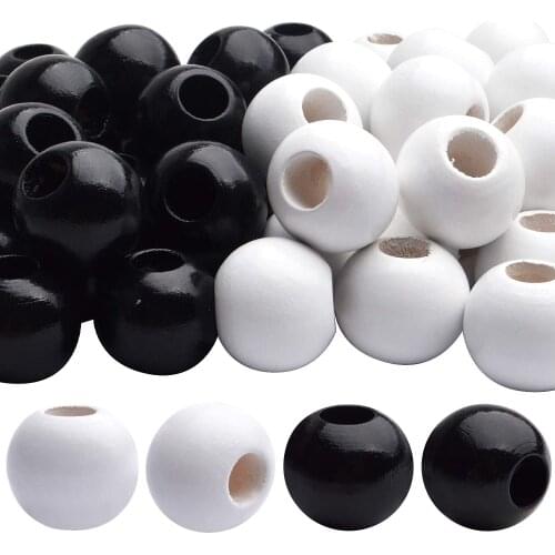 50pcs 25mm Natural Round Wooden Beads Large Hole Wood Loose Beads Smooth Painted Spacer Loose Beading Supplies, White and Black