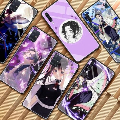 Printing Glass Phone Case For Samsung Galaxy A51 A71 A50 A31 A21s A70 A72 A52 M31 M51 Soft Edge Cover Shell Anime Kochou Shinobu