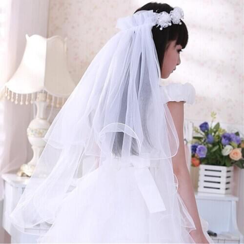 2019 Children Princess Hairband One Layer Tulle Bridal Veils Flowers Wedding Party Wreath Headband Solid Color Beaded Tassel