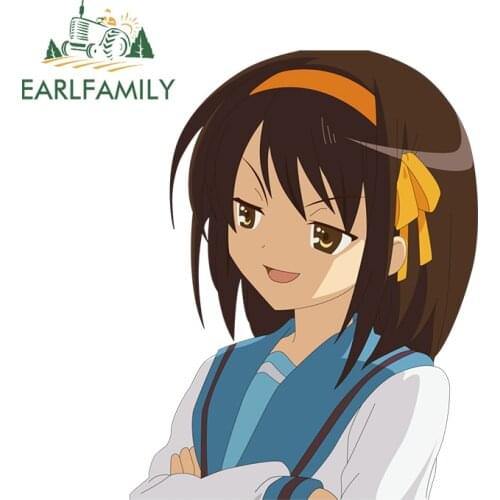 EARLFAMILY 13cm x 10.1cm Car Door Protector for Suzumiya Haruhi Anime Funny Car Stickers Refrigerator Decals Sunscreen Decor