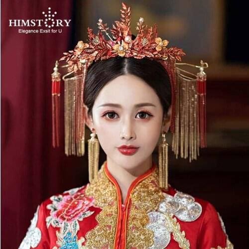 HIMSTORY Vintage Bride Headdress Chinese Wedding Tassels Hairpin Phoenix Crown Costume Hair Accessories Wedding for brides