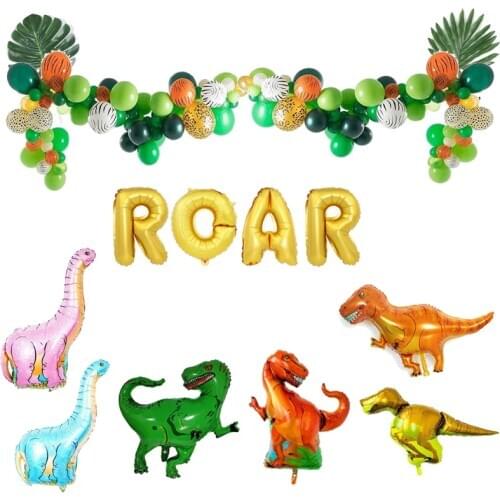 Jungle ROAR Dinosaur Foil Balloons with Animal Green Gold Latex Leaf Party Decorations