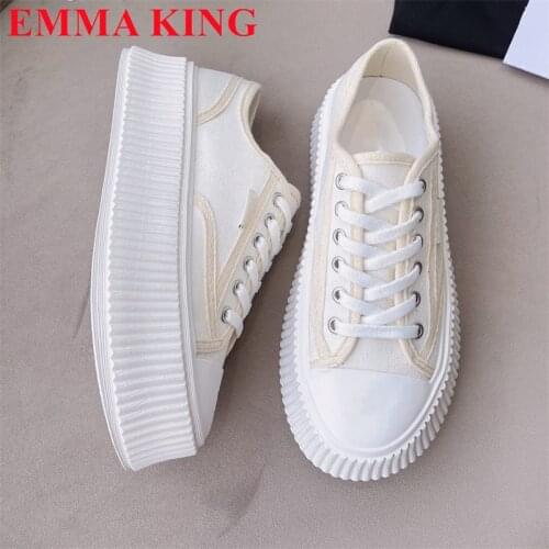 Womens Fashion Thick Sole Canvas Sneakers 2021 Vintage Lace Up Flat Causal Shoes Woman Brand Designer Platform Vulcanized Shoes