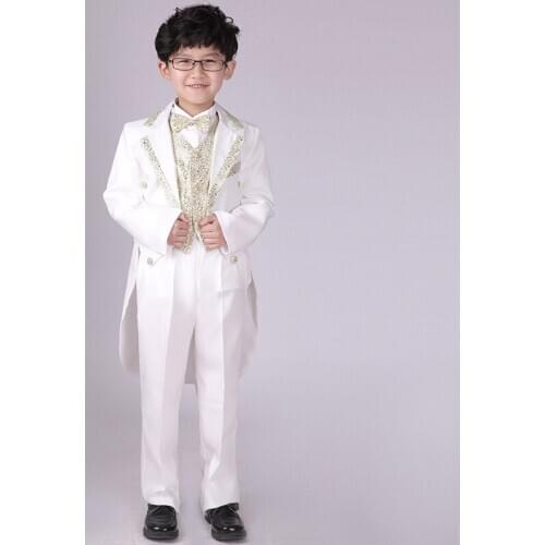 White Patchwork Silver Gold Clothes Sets Boys 5PCS/SET Children Costume Formal Party Blazers Pants Bow Tie Vest Clothing Suits