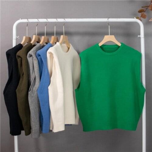 Korean Fashion Blue Elegant Shoulder Pads Sweater Vest Autumn Winter 2021 Office Lady All-Match Solid Jumper Womens Jacket Top