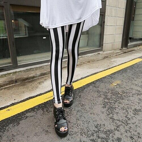 Hot Fashion Womens Black White Vertical Stripes Leggings Raps Skinny Pants 8MTK
