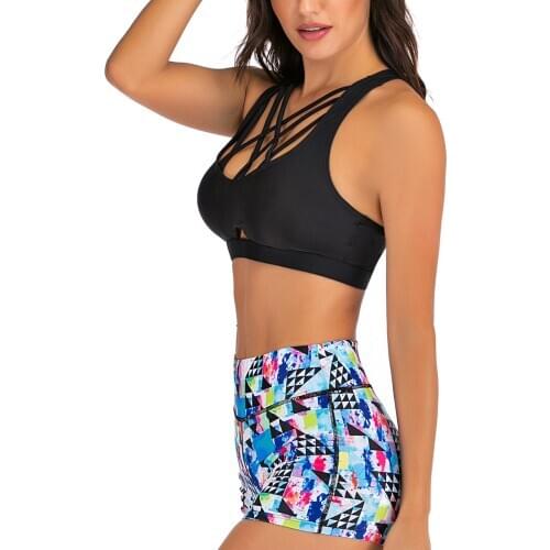 Summer Women Hollow Out Swimsuit 2021 Bathing Suit Swimwear Beachwear Strappy Sports Vest Crop Tops with High Waist Shorts