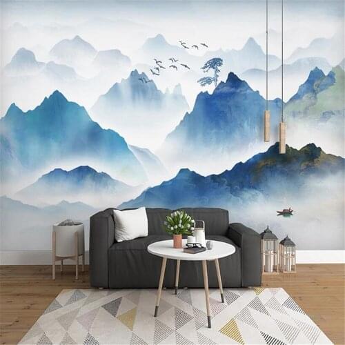 Milofi custom large wallpaper mural new Chinese style blue ink landscape bird living room abstract TV background wall