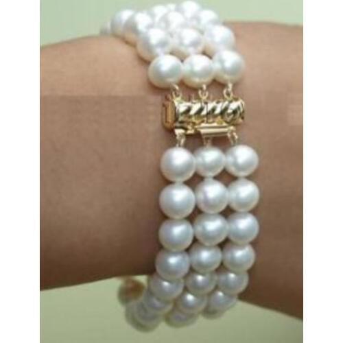 NEW Graceful 3 rows 7-8mm white freshwater pearl bracelet 7.5"