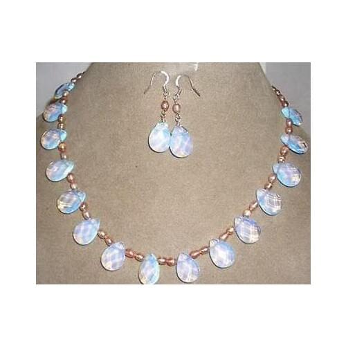 Freshwater Pink pearl /Sri Lanka Moonjade drops pendant necklace Earrings set