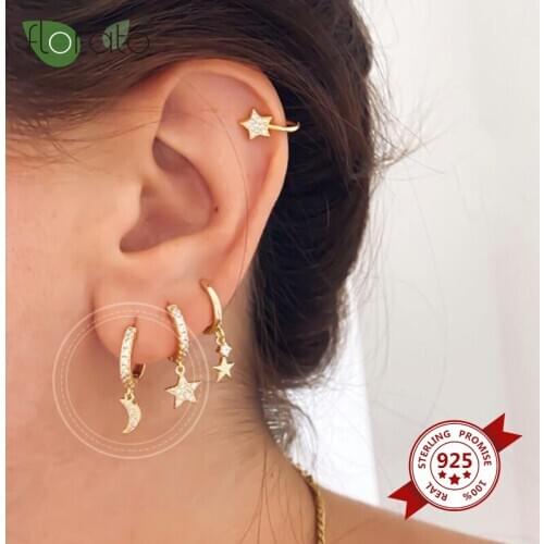 Crystal Crescent Moon Earrings 925 Sterling Silver Huggie Hoop Earrings for Women Prevent Allergy for Girls Fashion Jewelry Gift