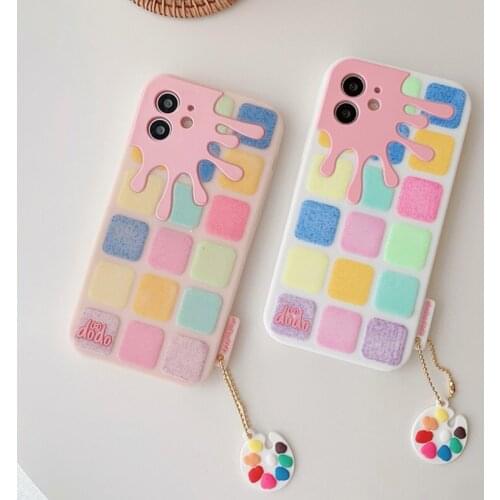 Cute Glitter Colorful Palette Grid Phone Case for iPhone 12 Mini 11 Pro Max SE 2020 Soft Silicone Shockproof Cover with Pendant