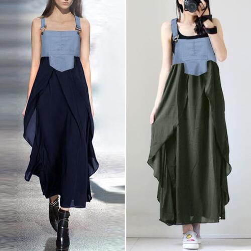 Stylish Demin Blue Overall Dress Womens Patchwork Sundress ZANZEA 2021 Casaul Strap Dungaree Maxi Vestidos Oversized Robe 5XL