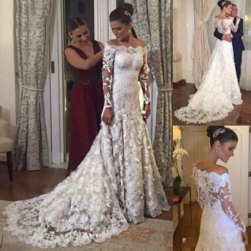 2021 Off Shoulder Lace Embrodery Mermaid Wedding Dresses Modest Cathedral Train Elegant Garden Castle African Bridal Gowns