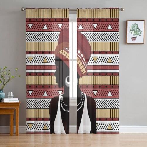Geometic African Women Silhouette Tulle Sheer Window Curtains for Living Room Kitchen Children Bedroom Voile Hanging Curtain