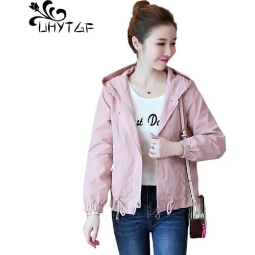 UHYTGF 3XL Plus Size Jacket Female Hooded Short Outerwear Long Sleeve Zipper Loose Autumn Trench Coat Women Jaqueta Feminina 807
