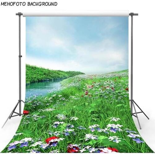 MEHOFOTO Vinyl Photography Backdrop Scenic Wild Flowers Daisy Grassland River Nature Blue Sky Photocall Children Background