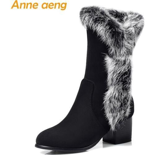 2019 New Winter Women Ankle Boots High Square Heel Round Toe Zipper Solid Rabbit Fur Casual Women Shoes Black Warm Snow Boots