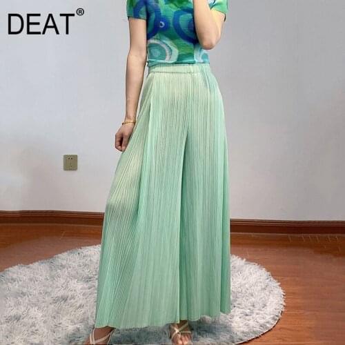DEAT Woman Wide Leg Pants Pleated Solid High Waist Elastic Simple Casual Style Oversized 2021 New Summer Women Clothing 15XF505