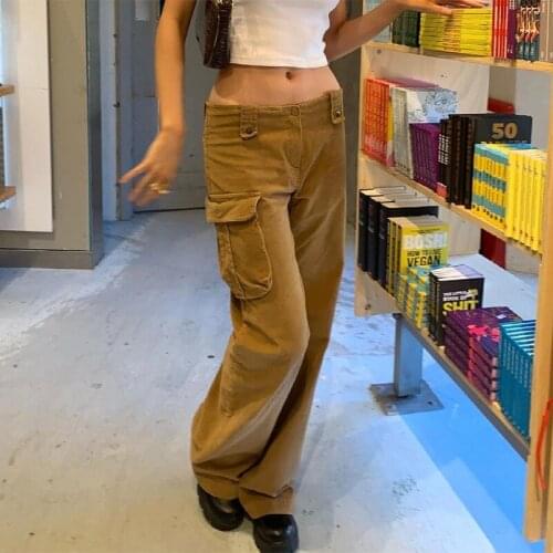 Women Vintage Corduroy Cargo Pants Aesthetic Brown Straight Baggy Trousers Pocket Patchwork Low Waist Streetwear Bottom