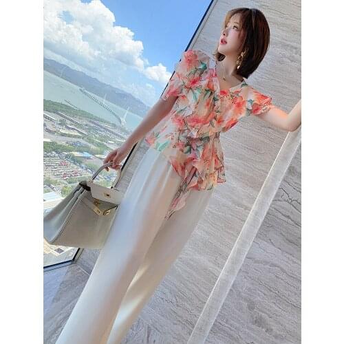 New - V - neck shoulder printed flounce shirt + high waist wide-legged pants suit female summer new products