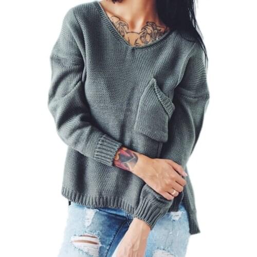 2017 Sweater Women New Style V Neck Pocket Solid Sweaters And Pullovers Europe And The United States Female Vestidos MMY69126