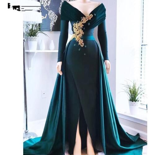 Elegant Hunter Green Muslim Evening Dress 2020 Dubai Islamic Arabic Satin V-Neck Long Sleeve Women Formal Dress robe de soiree