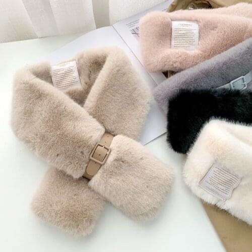 Winter Fashion Thick Collar Short Narrow Solid Color Neckerchief Women Soft Fluffy Faux Rabbit Fur Warm Scarf With Belt