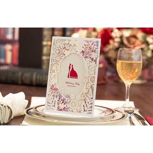 1set Red Laser Cut Luxury Flora Wedding Invitations cards White Red Laser Cut Wedding Invitations Elegant Wedding supplies