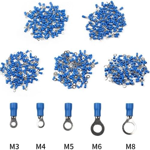 100Pcs/Set RV2 Insulated Blue Ring Terminals Wire Cable Electrical Crimp Connectors 16-14 AWG Kit M3/M4/M5/M6/M8