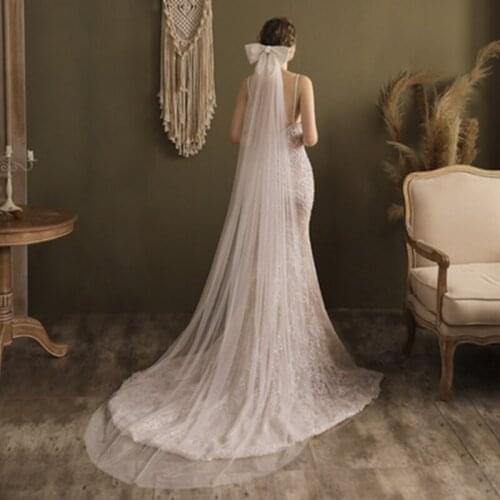 White Bridal Long Veil Big Bow Polka Dot Bridal Veil Long Trailing Tail for Bridal Headband Veil Wedding Fascinators 2021