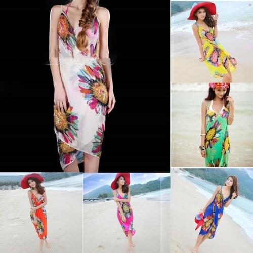 Bohemian Women Summer Beach Dress Bikini Cover-ups Swim Wear Cover Up Cotton Tunic Sexy Deep V-Neck Robe Caftan Summer
