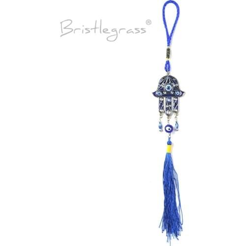BRISTLEGRASS Turkish Blue Evil Eye Hamsa Hand Tassel Wall Hanging Pendant Pendulum Amulets Lucky Charm Blessing Protection Decor