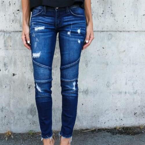 Spring Vintage Skinny Jeans Woman Elastic Moto Biker Denim Pants Trousers Retro Pleated Hole Autumn Jeans