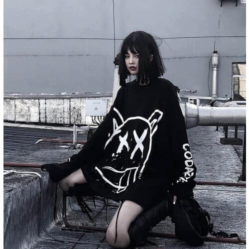 Gothic sweatshirt Women korean oversized long sleeve t shirt hip hop punk streetwear girls tees Black Loose Long Sleeve T Shirt