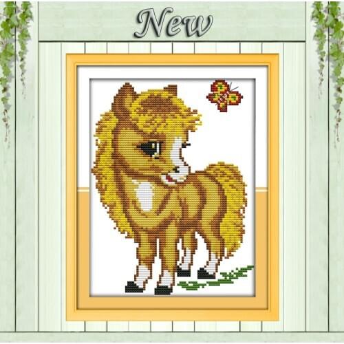 Lovely Yellow horse animal Drawing painting,Counted print on canvas DMC 14CT 11CT DIY Cross Stitch Needlework kit Embroidery Set