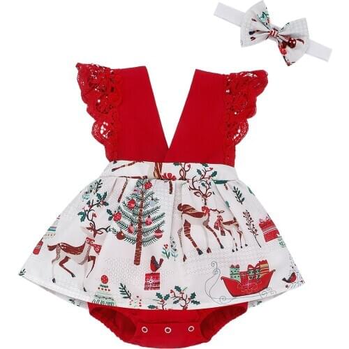 Xmas Infant Baby Girls Clothes Lace Romper +Headband Outfits